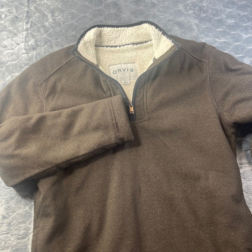 Orvis Quarter Zip Pullover Mens Medium Brown Sherpa Lined Waffle Knit Sweater
